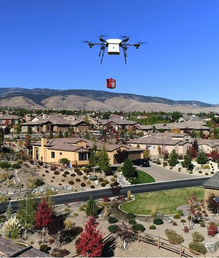 A Flirtey drone makes a mock package delivery in Reno, Nevada. Photo: Flirtey