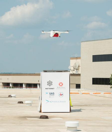 Matternet's UAS lands on the roof of WakeMed Regional Hospital. Photo: North Carolina Department of Transportation