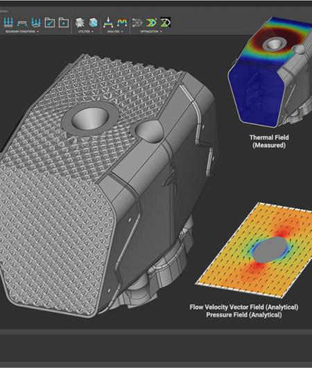 Screenshot demonstrates the effects on design of a broad range of multiphysics fields, which are being explored and evaluated through a hypothetical engine cylinder model in nTop Platform.