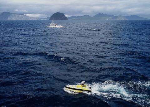 ASV Global and TerraSond have successfully completed a hydrographic survey for charting off the coast of Alaska using ASV Global’s C-Worker 5 ASV alongside the Q105 survey ship acting as the mother vessel. Photo: ASV Global