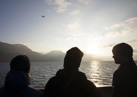 A drone flies over the Polargirl expedition ship. Photo: AUVSI A drone flies over the Polargirl expedition ship. Photo: AUVSI