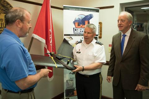 Semonite (left) assesses the features of the MRSD micro-dredge, which provides a rapid deployed, remotely operated dredging capability critical to navigation and port operations during emergency operations. Photo: USACE Semonite (left) assesses the features of the MRSD micro-dredge, which provides a rapid deployed, remotely operated dredging capability critical to navigation and port operations during emergency operations. Photo: USACE