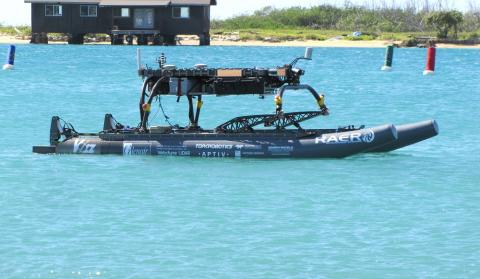 A student-led Embry-Riddle team won five “static judging” awards in the 2019 Maritime Robot X Challenge and finished third overall for the self-driving Minion boat, a 16-foot autonomous surface vessel. Photo: Robotics Association of Embry-Riddle