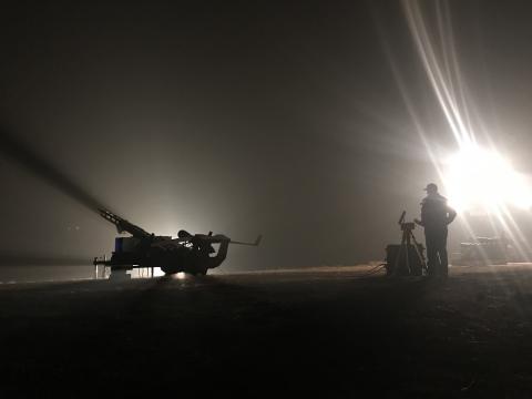 A nighttime view of Insitu's ScanEagle UAS and the Insitu team at the Camp Fire in Northern California. Photo: Insitu