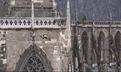 The Intel Falcon 8+ commercial inspection drone inspects a historic sculpture of St. Sixtus inside the Halberstad Cathedral in Saxony-Anhalt, Germany. Photo courtesy of Intel Corporation.