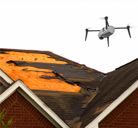 A Kespry drone inspects a damaged roof. Photo: Kespry