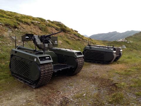 Two THeMIS UGVs delivered to the Royal Netherlands Army were used in a live firing exercise in Austria recently. One was equipped with the deFNder RWS from FN Herstal and the other was used as a transportation platform. Photo: Business Wire