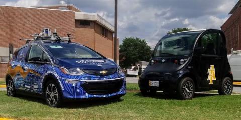 Pictured to the right is N.C. A&T’s autonomous car, which placed second overall and first nationally in the SAE/General Motors AutoDrive Challenge last year. Photo: North Carolina A&T State University
