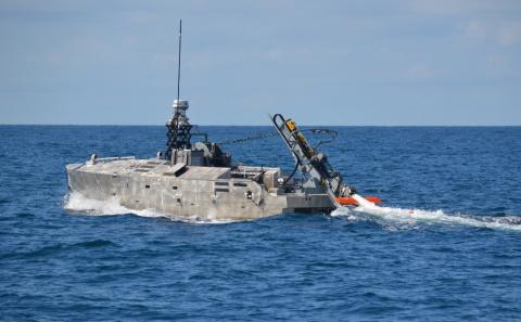 The AQS-24B minehunter being deployed from the Mine Countermeasures Unmanned Surface Vessel (MCM USV). Photo: Northrop Grumman
