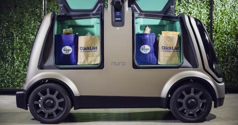 A Nuro self-driving vehicle prepares to deliver Kroger groceries. Photo: Kroger A Nuro self-driving vehicle prepares to deliver Kroger groceries. Photo: Kroger