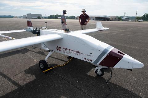 Raspet Flight Research Laboratory personnel prepare to fly a TigerShark Block 3 XP UAS s part of UAS research at Greenwood-LeFlore Airport earlier this month. Raspet was recently designated as the FAA's UAS Safety Research Facility. (Photo by Megan Bean)