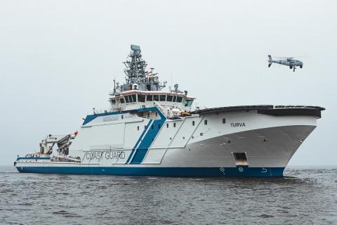 Schiebel’s Camcopter S-100 VTOL UAS recently performed a five-day maritime surveillance demonstration aboard Offshore Patrol Vessel Turva. Photo: Schiebel