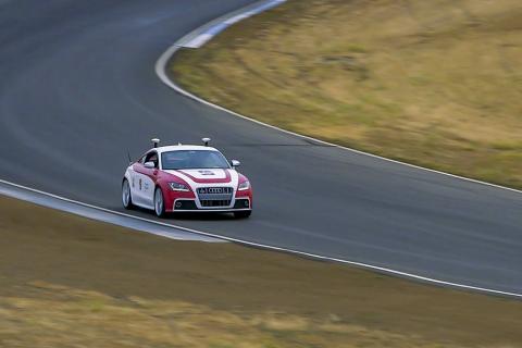 Shelley, Stanford’s autonomous Audi TTS, performs at Thunderhill Raceway Park. Photo: Kurt Hickman/Stanford News Service