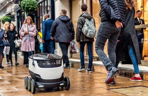 A Starship robot roaming the sidewalks of London. Photo Courtesy of Starship Technologies.